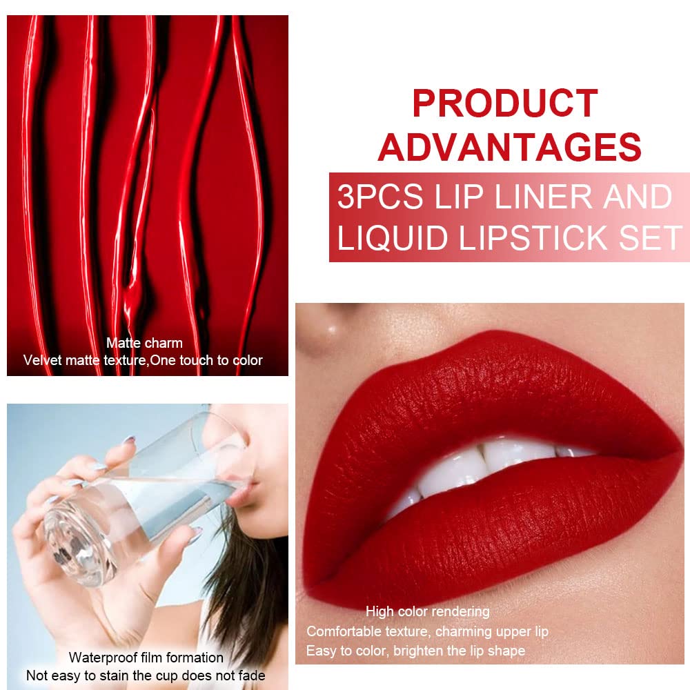 evpct 3Pcs Ruby Bright Dark Red Lip Stain Paint Matte Lip Liner and Liquid Lipstick Set for Women