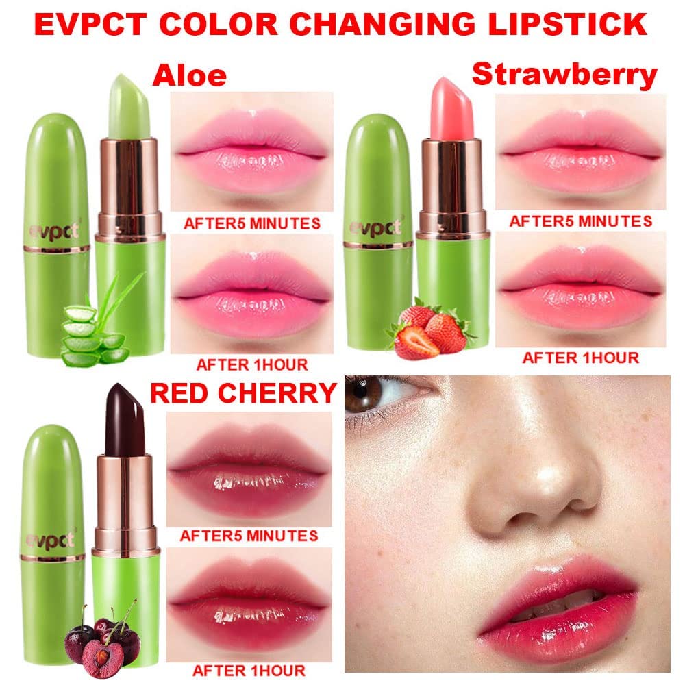 evpct 3Pcs Magic Color Changing Lipstick 24 Hours Original for Women Lasting Waterproof, Aloe Vera