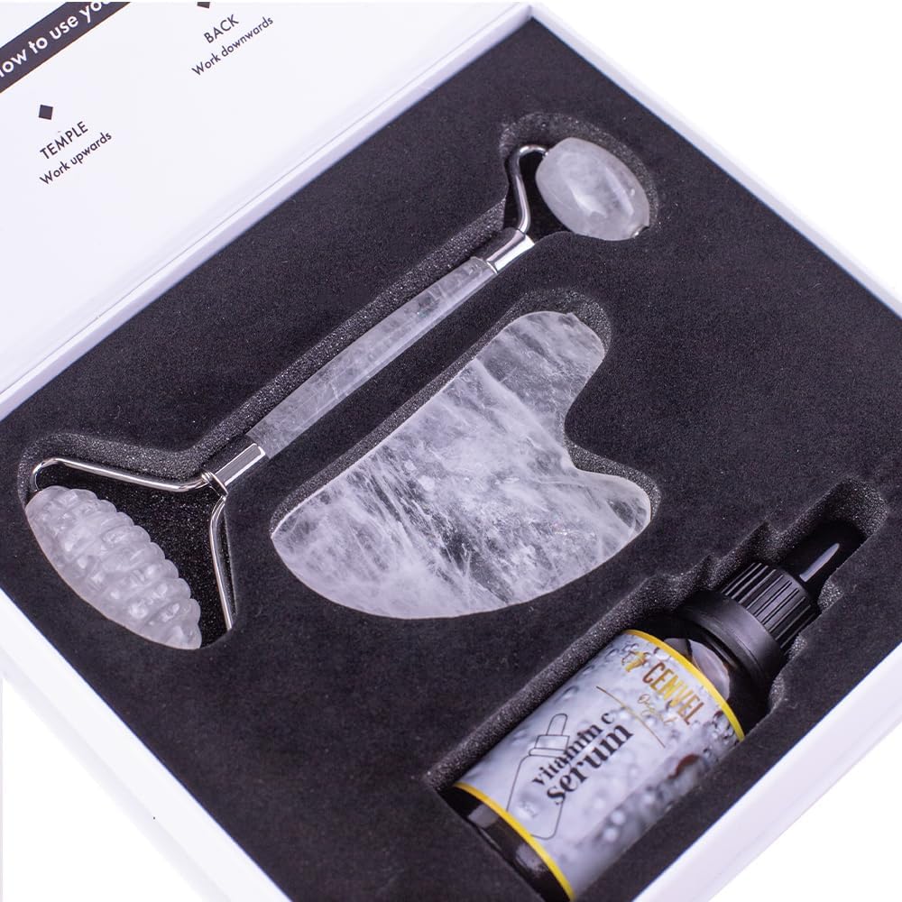 100% Real Crystal Jade Stone Roller and Gua Sha Set with Vitamin C Serum | Great for Eye Puffiness