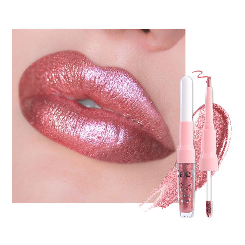 evpct Pine Red Metallic Glitter Lip Liner and Lipstick Combo Lip Gloss Stain Set Makeup for Women