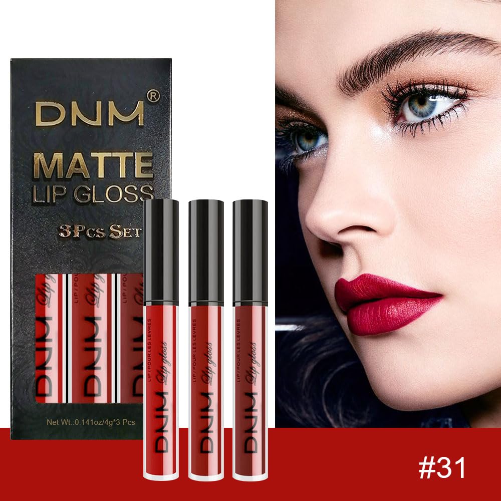 evpct 3Pcs Dark Deep Ruby Light Rose red Brown red Matte Liquid Lipstick Sets for Women 24-hour