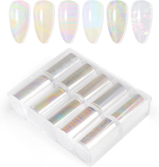 10 Sheets Holographic Nail Art Foil Transfer Stickers - Metallic Color Print Nail Decals 3D
