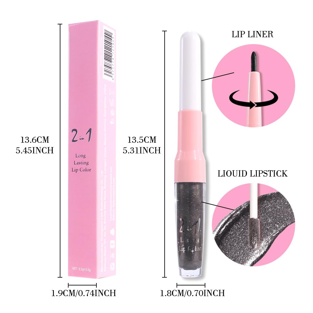 evpct Black Metallic Glitter Lip Liner and Lipstick Combo Lip Gloss Stain Set Makeup for Women Long