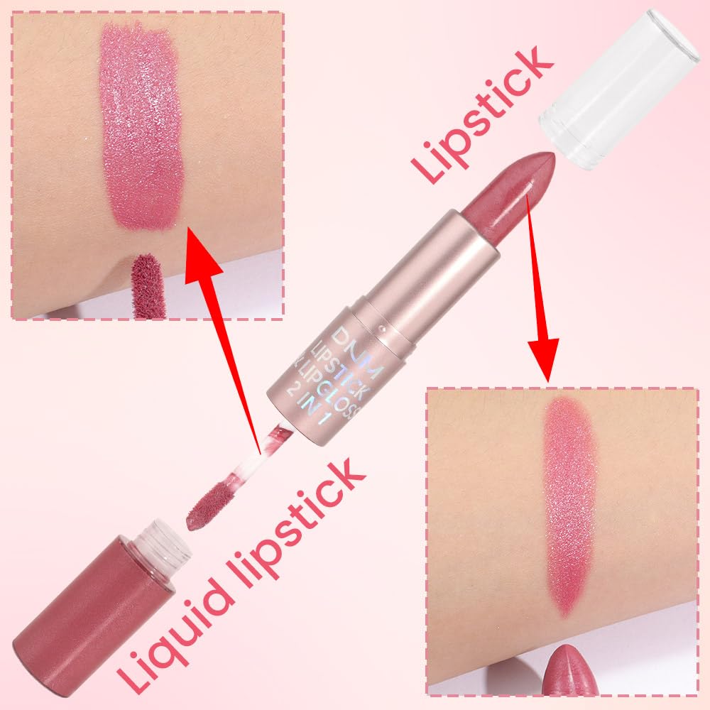 evpct 2 in 1 Natural Nude Pink Glitter Metallic Shimmer Diamond Lipstick and Lip Gloss Set for