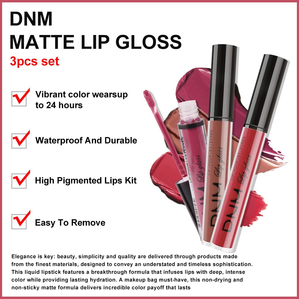evpct 3Pcs Mauve Neutral Light Rosey Nude Blue Red Matte Liquid Lipstick Lip Stain Sets for Women