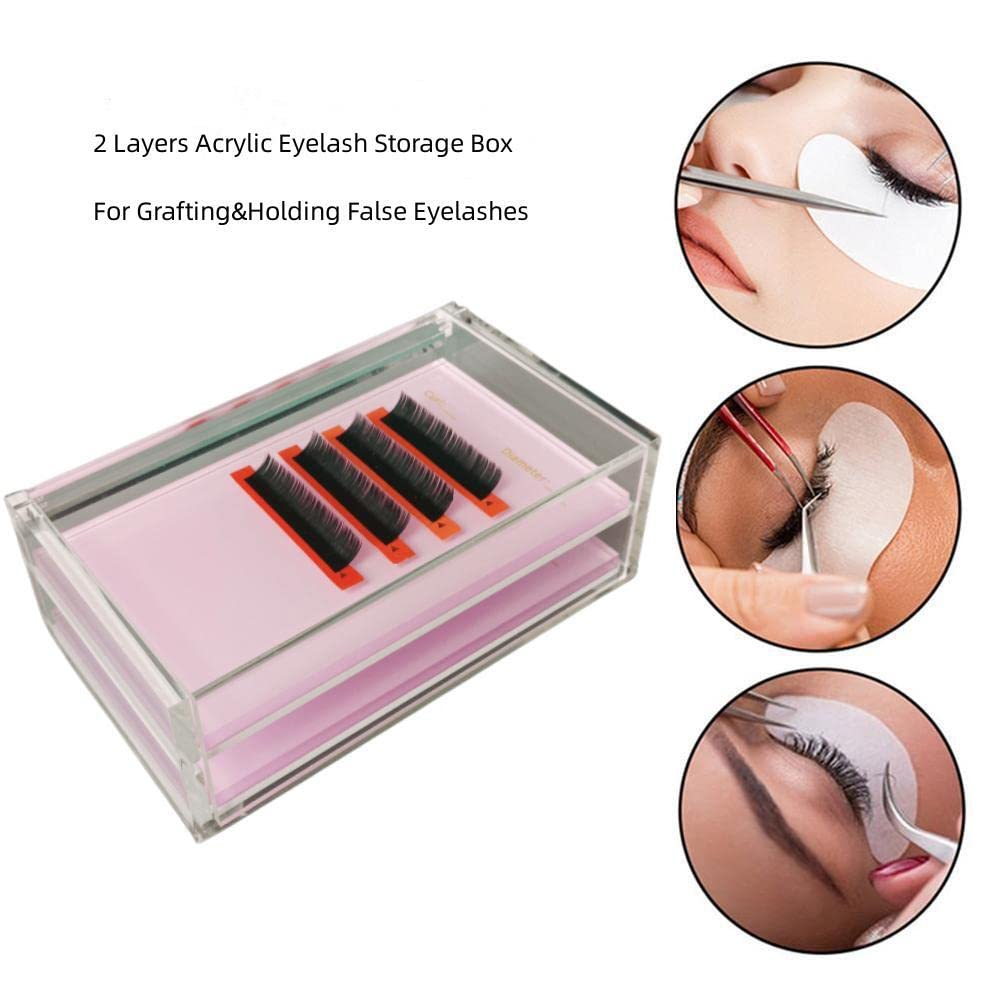 Two Layers Eyelash Grafting Pallet with Cover, Dust-proof Acrylic Lash Tile holder, Eyelash