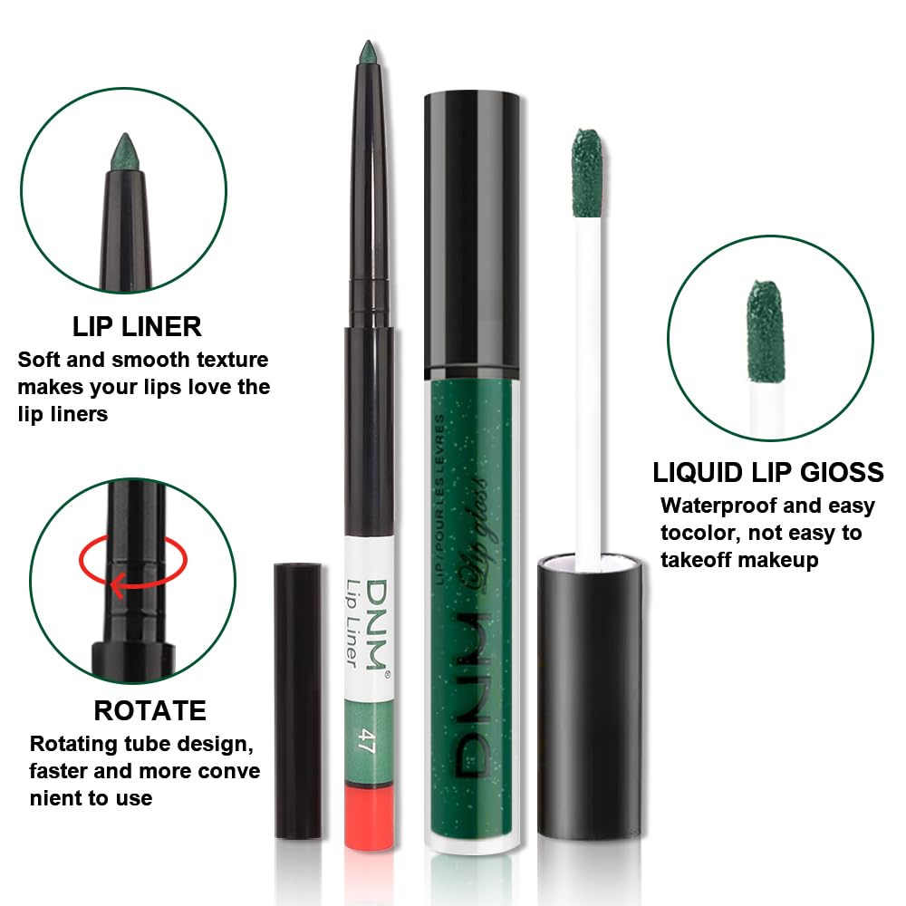 evpct 2Pcs Emerald Green Shimmer Glitte Liquid Lipstick Lip Gloss Stain and Retractable Lip Liner