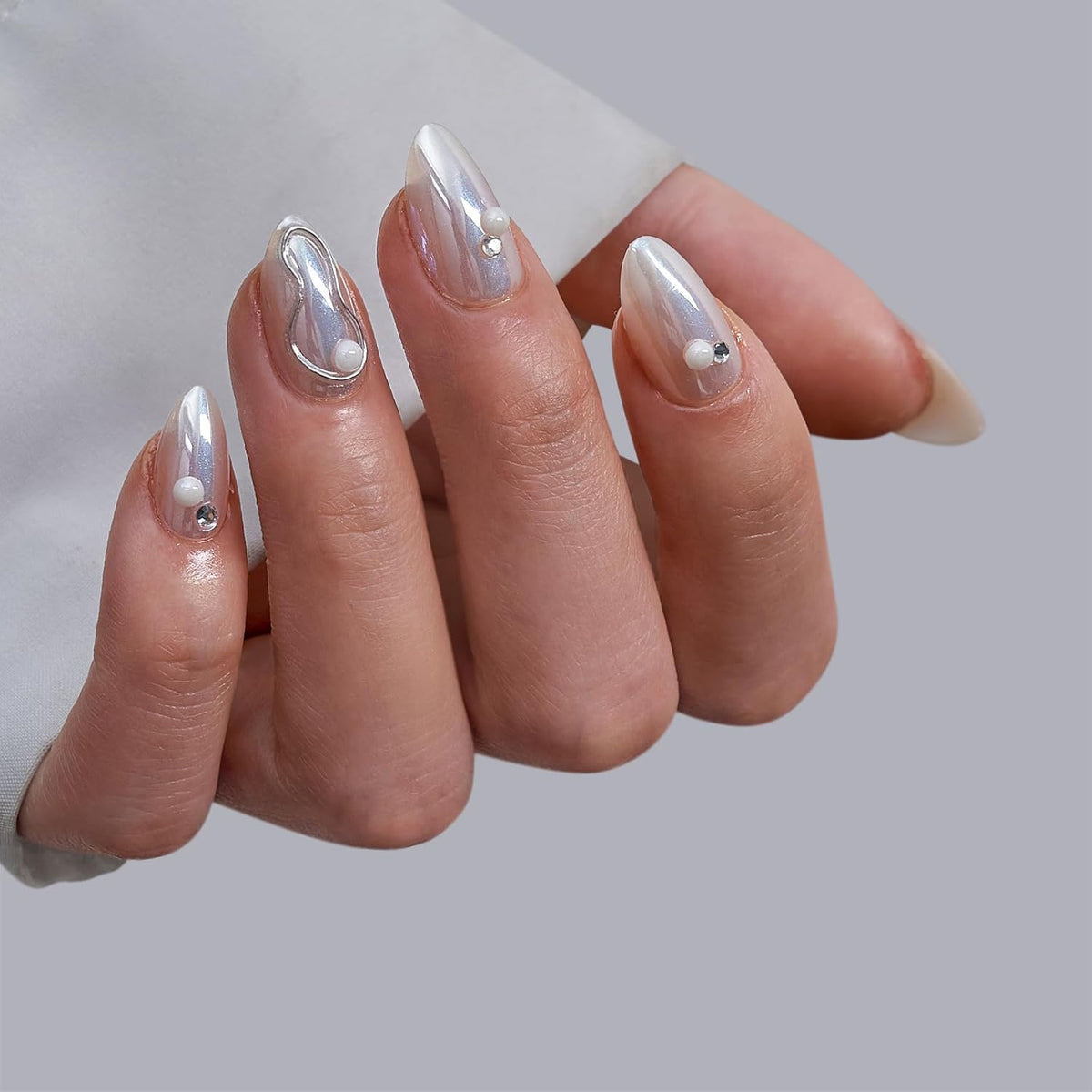 BTArtbox Press On Nails Short - Pearl Accents Chrome Almond Press On Nails with Glue for Women