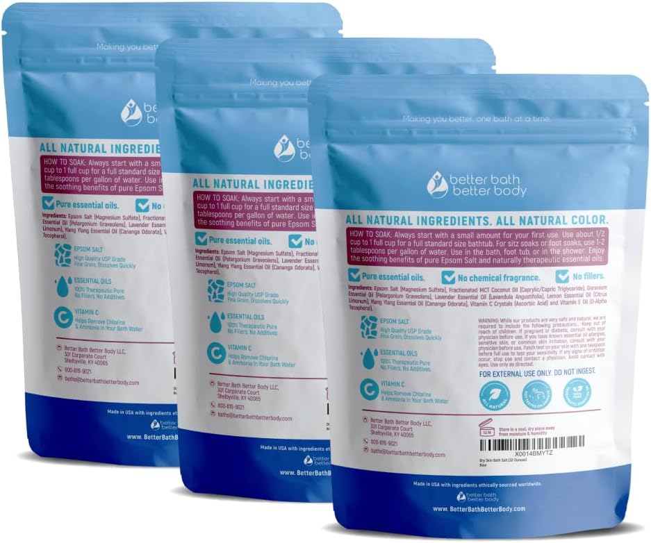 Dry Skin Bath Salt (3 Pack with Scoop) Skin Soothing Epsom Salt with Pure Essential Oils in BPA
