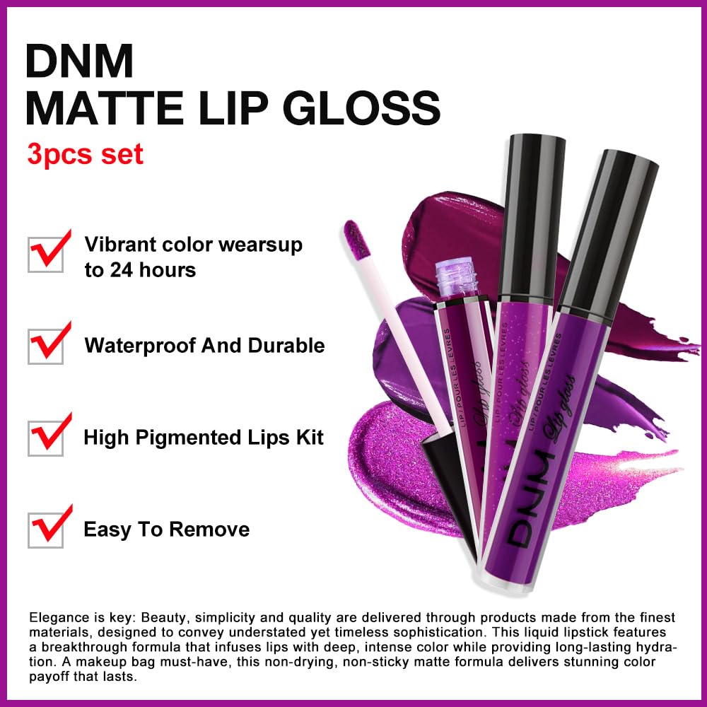 evpct 3Pcs Violet Purple Crystal Metallic Shimmer Glitter Matte Liquid Lipstick Lip Stain Sets for