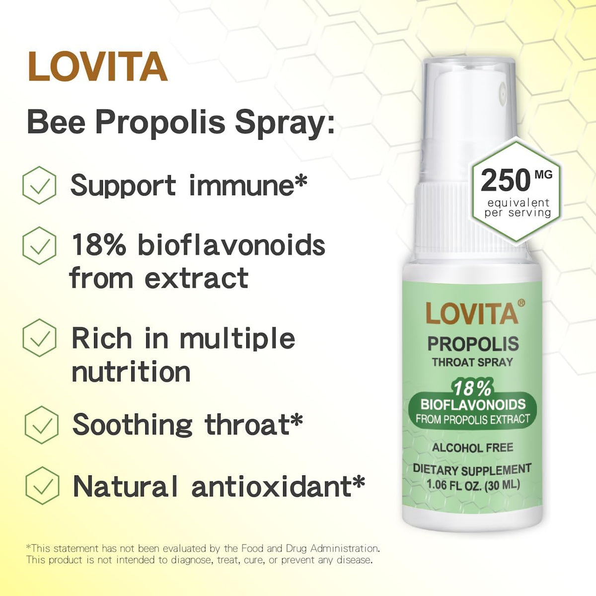 Lovita Bee Propolis Throat Spray, 18% Bioflavonoids, Alcohol-Free, Immune Support, Throat Soothing