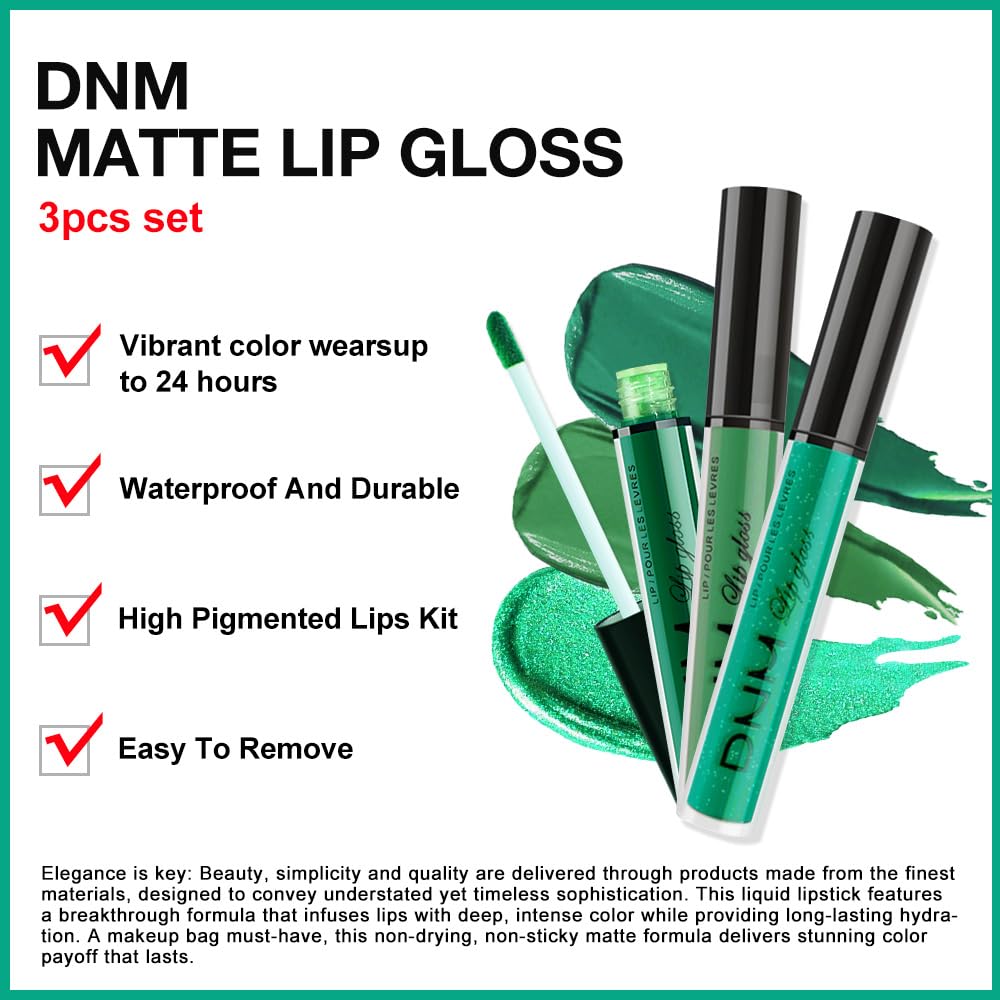 evpct 3Pcs Dark Pale Teal Forest Emerald Green Matte Glitter Shimmer Shiny Liquid Lipstick Lip