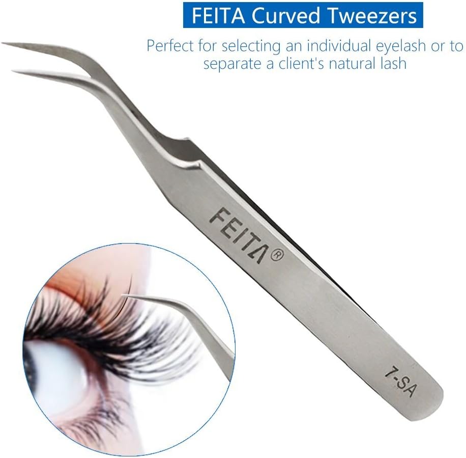 FEITA Precision Eyelash Extension Tweezers Set - Professional Straight & Curved Pointed Very Fine
