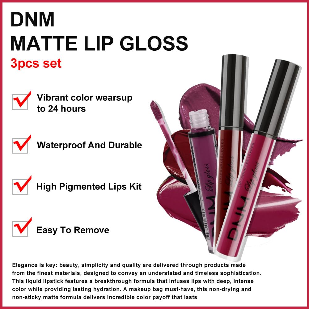 evpct 3Pcs Dark Red Purple Plum Matte Liquid Lipstick Sets for Women Matte Lip Stain Long Lasting