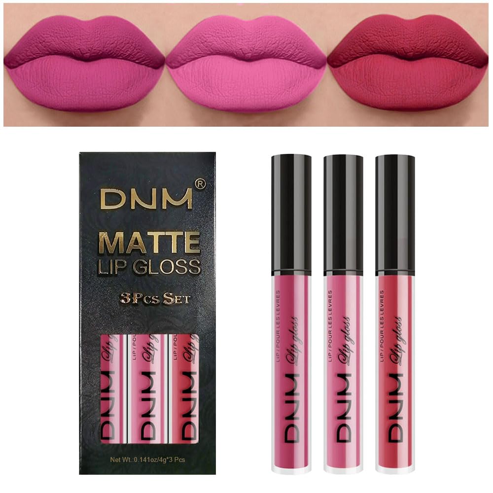 evpct 3Pcs Rose red plum Warm pink Deep cranberry Matte Liquid Lipstick Set for Women 24-hour Matte