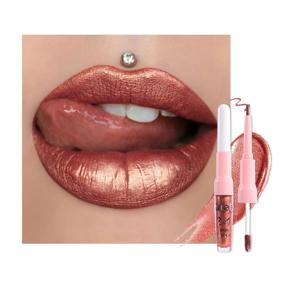 evpct Copper Metallic Glitter Lip Liner and Lipstick Combo Lip Gloss Stain Set Makeup for Women