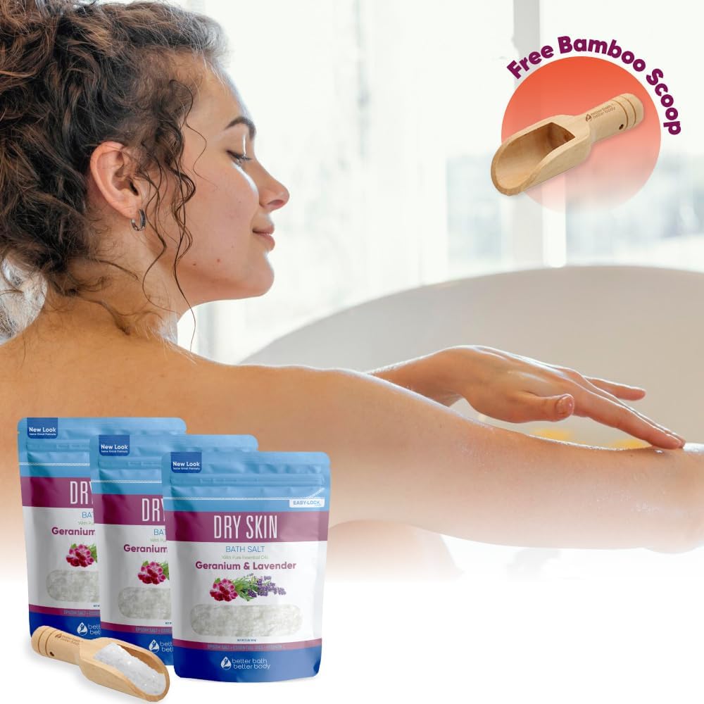 Dry Skin Bath Salt (3 Pack with Scoop) Skin Soothing Epsom Salt with Pure Essential Oils in BPA