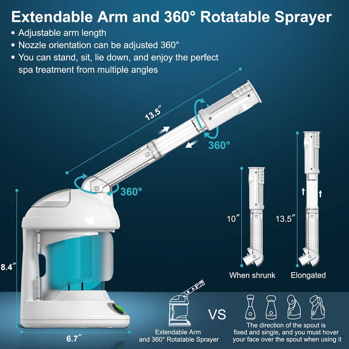 Facial Steamer - DENFANY Nano Ionic Face Steamer with Extendable 360° Rotating Arm - Portable
