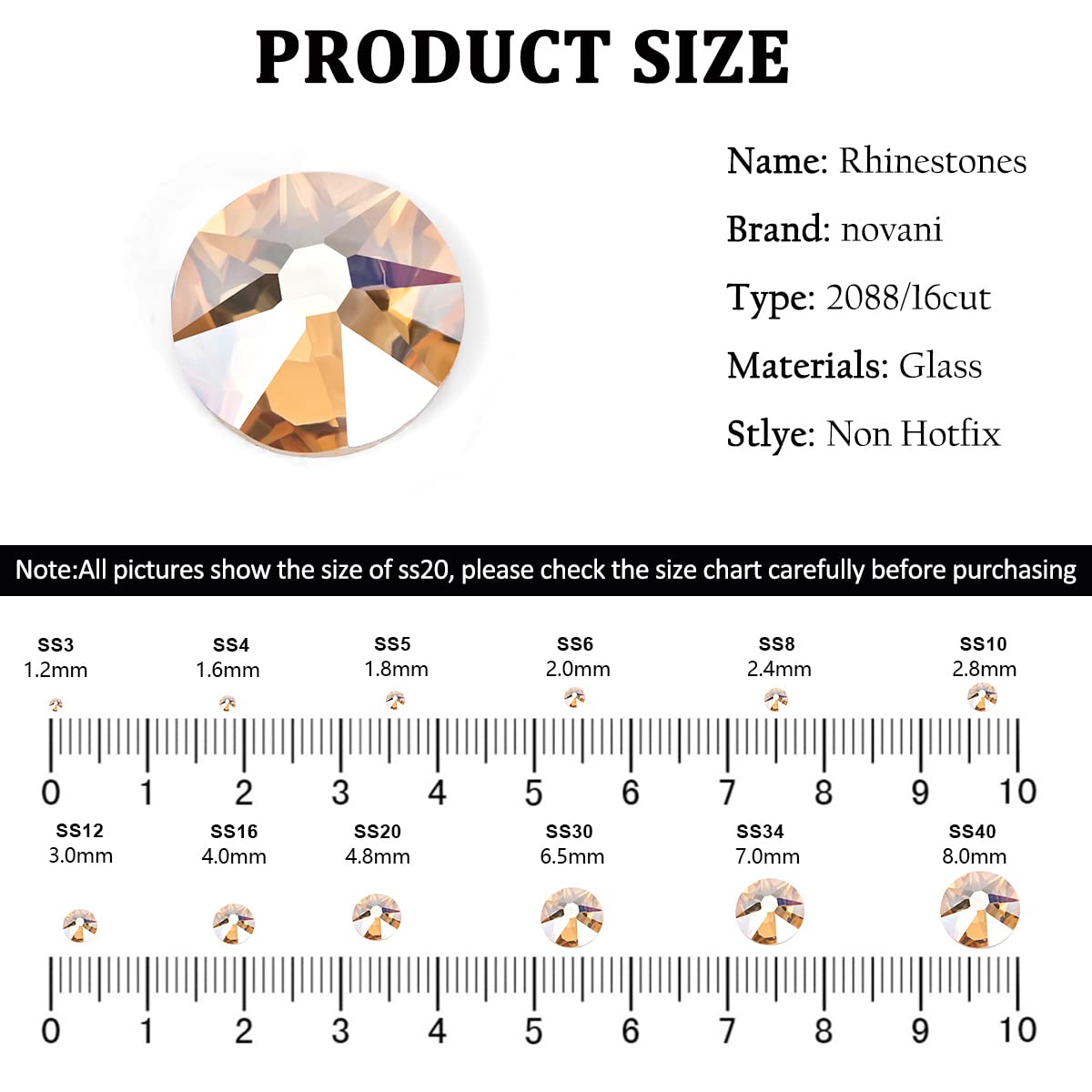 Novani Golden Shadow Rhinestones 1440pcs Flat Back Round Rhinestone Style 2088 Sparkly Crystal