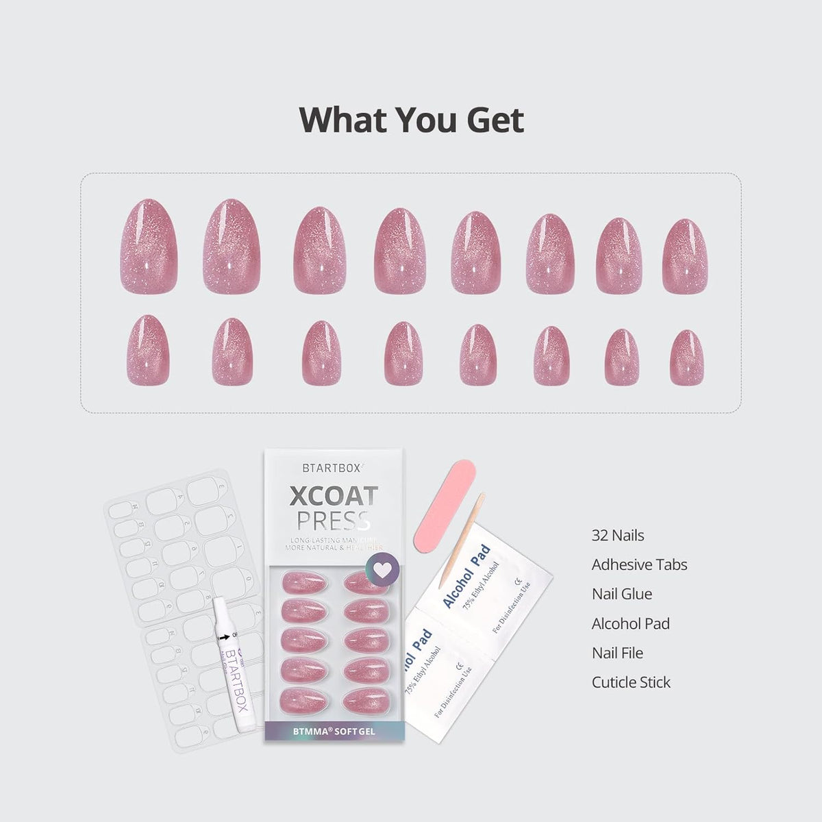 BTArtbox Press On Nails Short - Lamp-Curable Pink Cat Eye Almond Press On Nails with Glue for