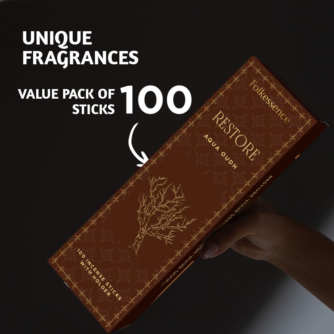 Folkulture Oud Incense Sticks | Set of 100 Insence-Sticks with Holder for Relaxation | Aqua Oudh