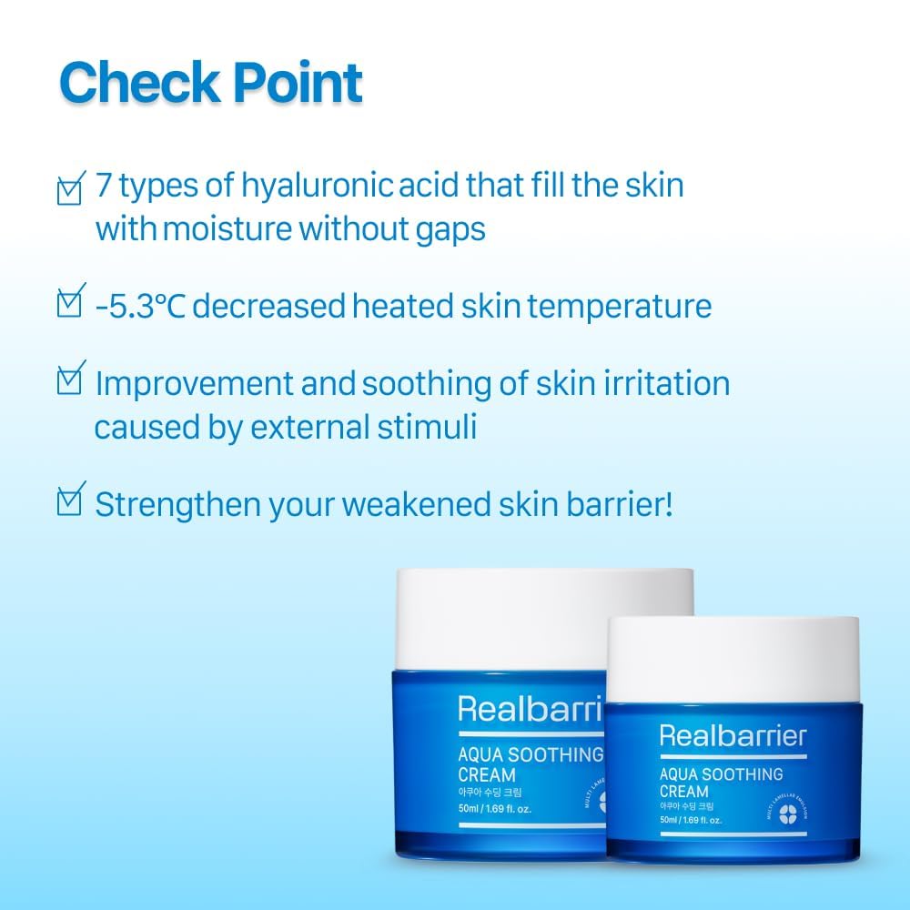 Real Barrier Aqua Soothing Cream 1.7 Fl.Oz. 50ml Hyaluronic Acid Facial Cream| Redness Relief Face