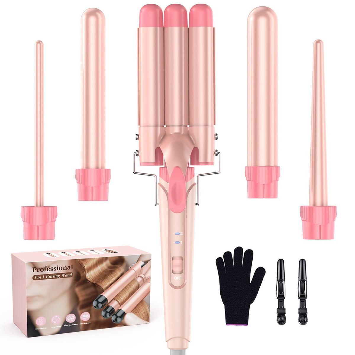 Waver Curling Iron Wand - BESTOPE PRO 5 in 1 Curling Wand Set with 3 Barrel Hair Crimper for Women