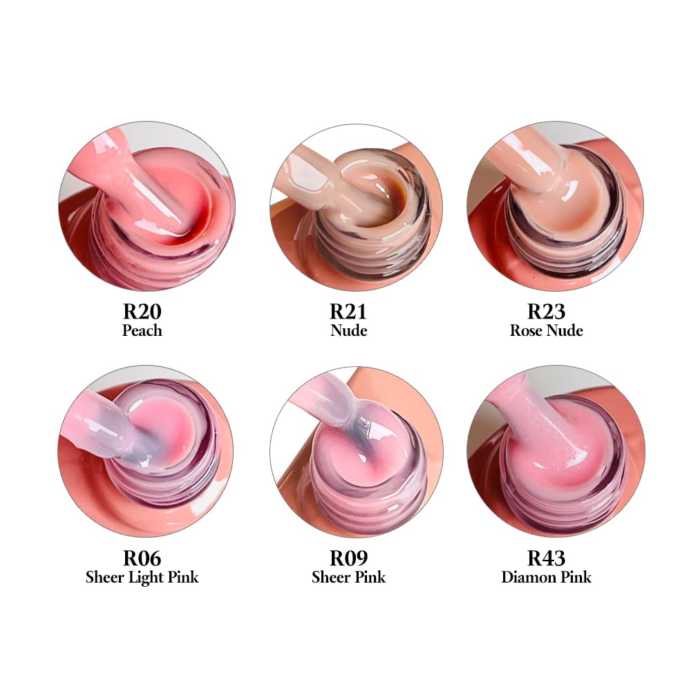 FZANEST Rubber Base Gel Polish, 6pcs*7.5ml Builder Gel Jelly Sheer Natrual Nude Pink in a Bottle UV
