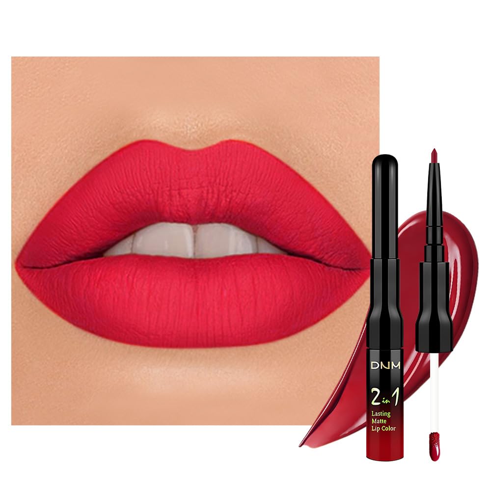 evpct 1Pcs Fire Bright Red Matte Lip Liner & Liquid Lipstick Stain Makeup Set for Women, Red Lip
