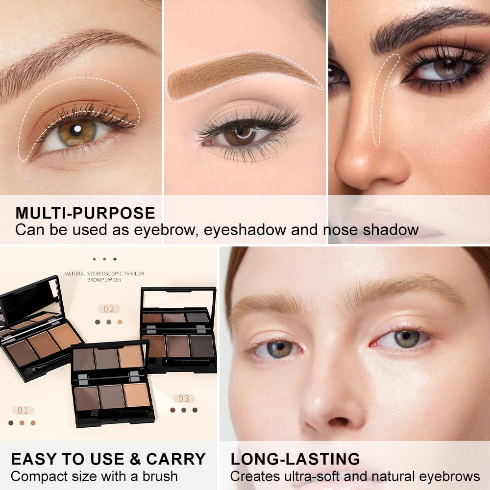 Brow Powder Kit – Long-Lasting 3-Color Brow Filler for Full, Defined Natural Brows, Contour Palette