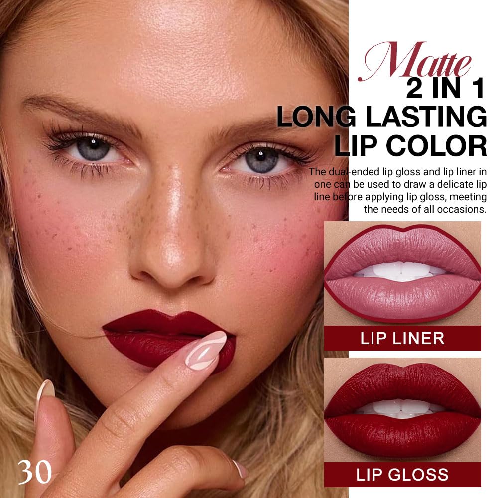 evpct 1Pcs Dark Oxblood Red Matte Lip Liner and Liquid Lipstick Stain Makeup Set for women, Red