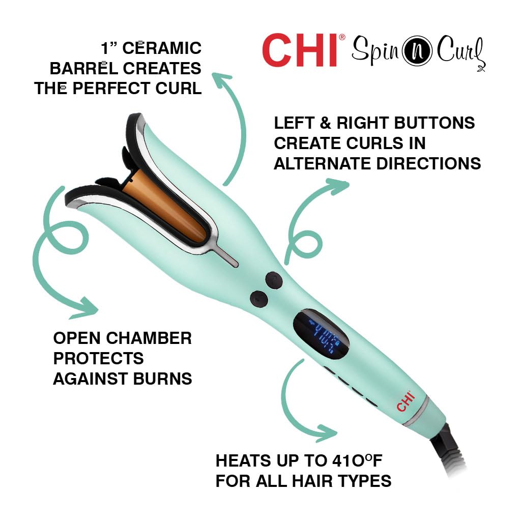 CHI Spin N Curl, Curling Iron For Healthy & Shiny Effortless Curls & Waves, Provides Preset