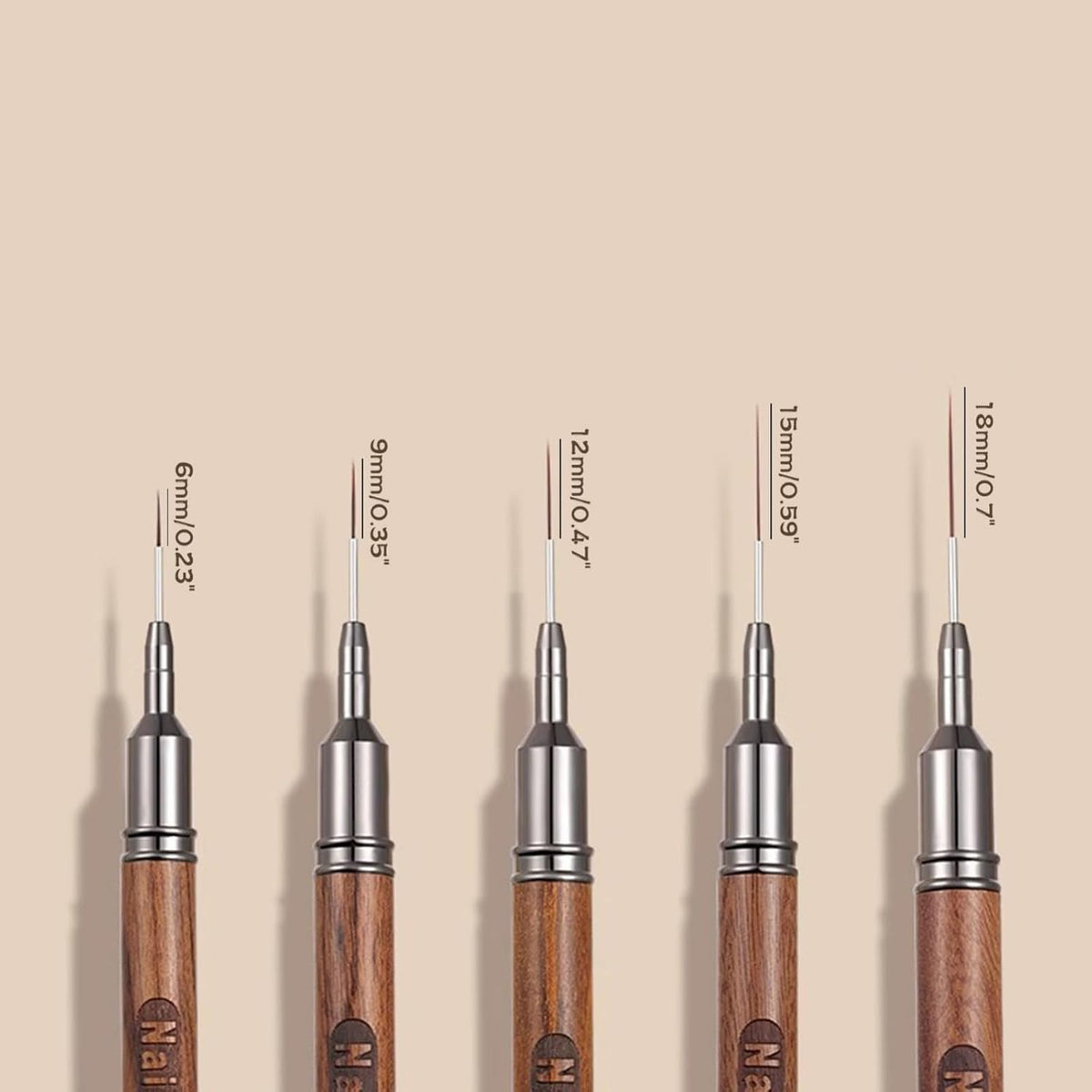 5Pcs Nail Art Liner Brushes, Fine Liner Striping Brush 6/9/12/15/18mm Thin Nail Art Design Brush