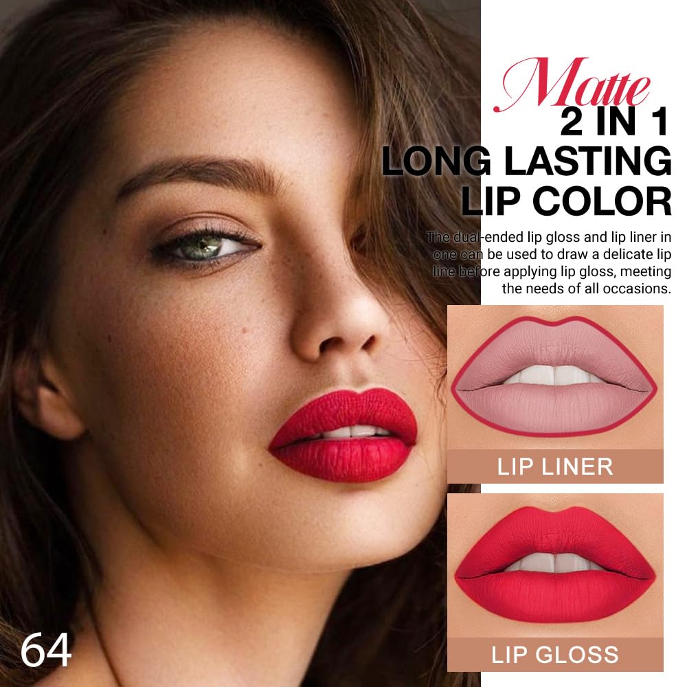 evpct 1Pcs Fire Bright Red Matte Lip Liner & Liquid Lipstick Stain Makeup Set for Women, Red Lip