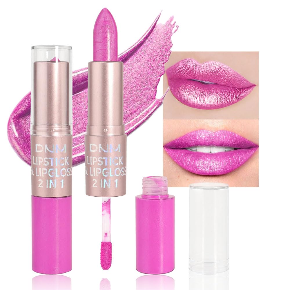 evpct 2 in 1 Hot Pink Glitter Metallic Shimmer Diamond Lipstick and Lip Gloss Set for Women Long