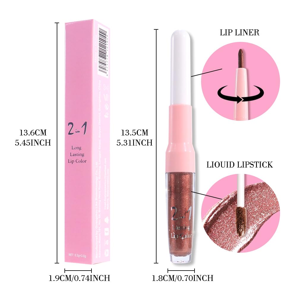 evpct Brown Bronze Metallic Glitter Lip Liner and Lipstick Combo Lip Gloss Stain Set Makeup for