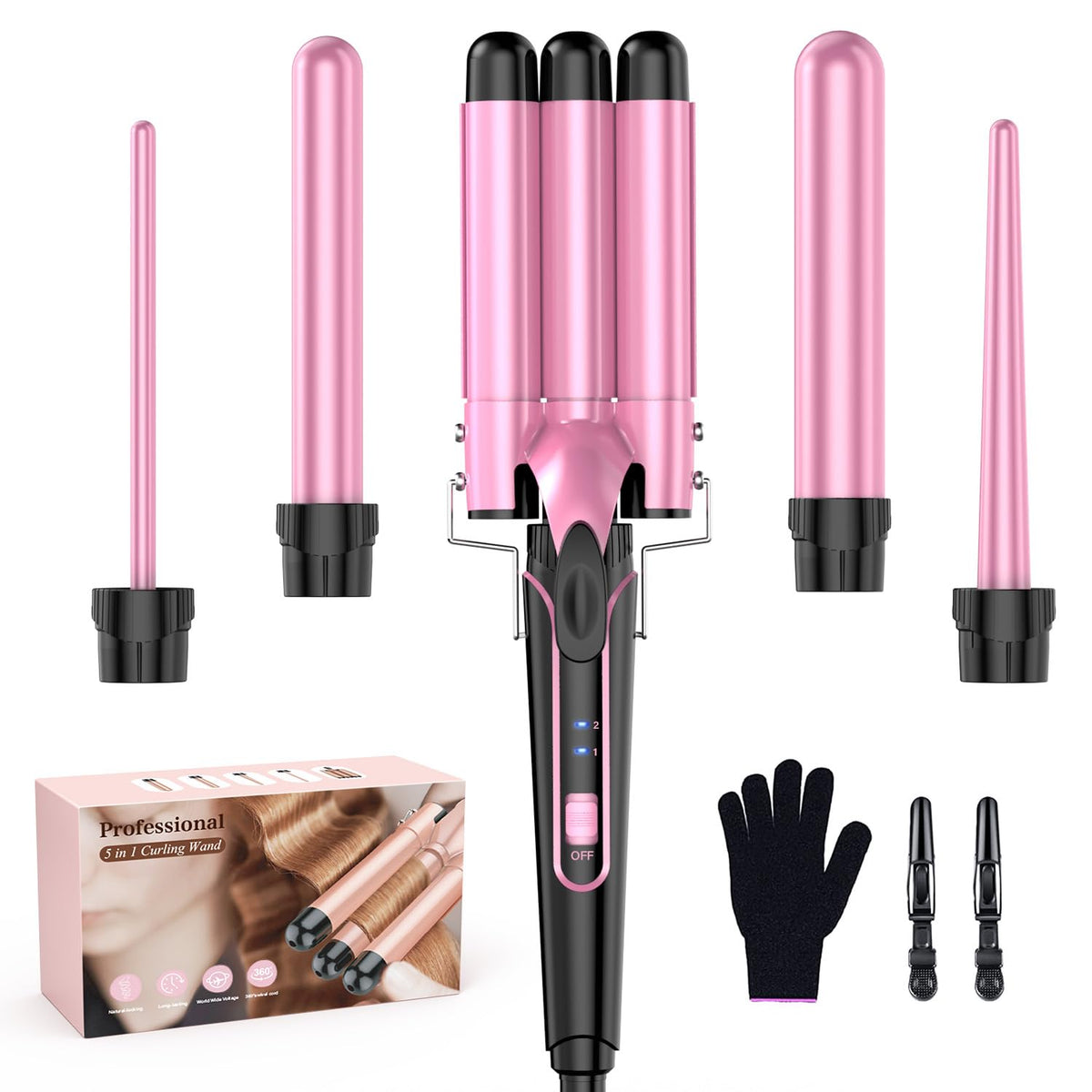 Waver Curling Iron Wand - BESTOPE PRO 5 in 1 Curling Wand Set with 3 Barrel Hair Crimper for Women