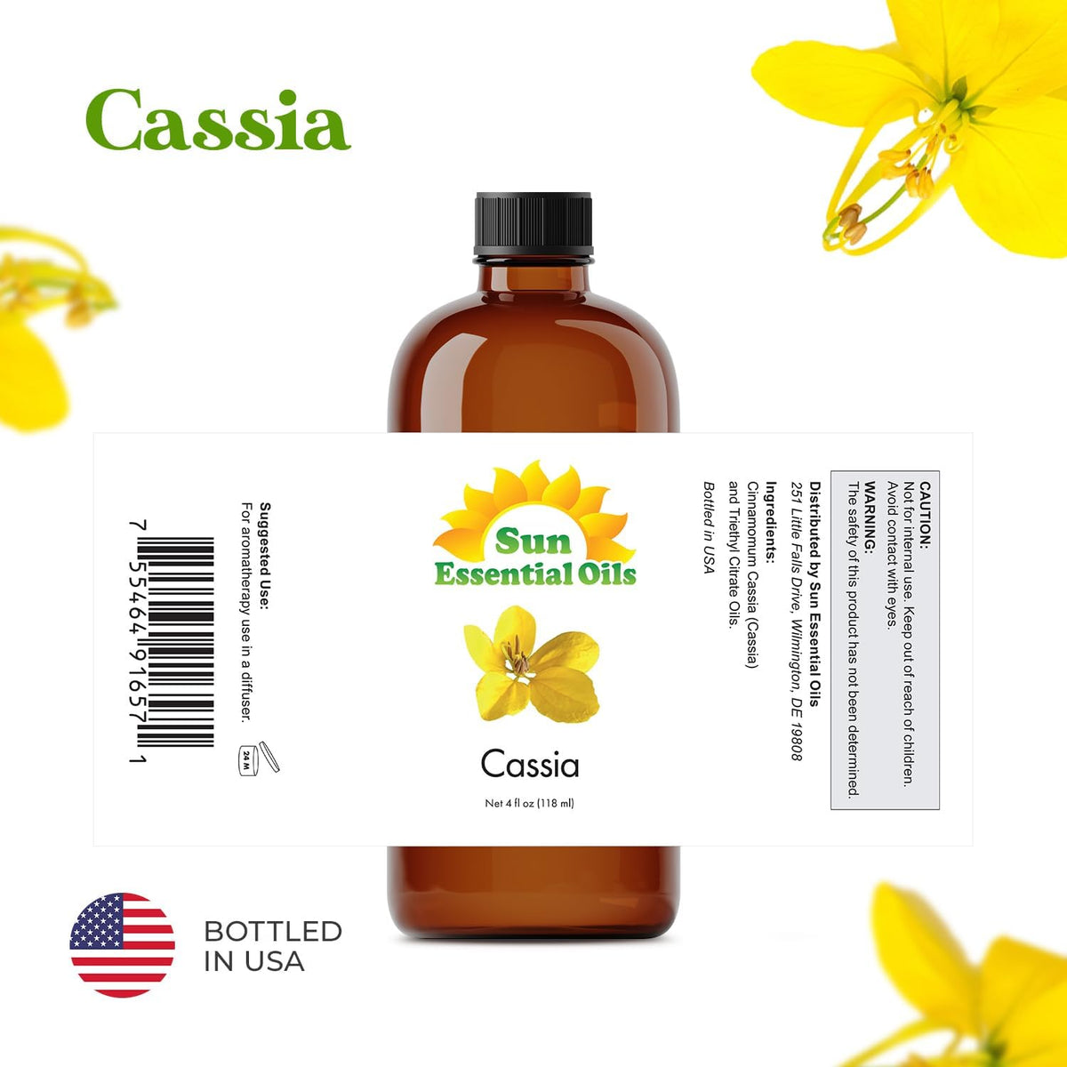 Sun Essential Oils - Cassia 4oz Bottle for Diffuser, Humidifier, Aromatherapy, Hair and Skin Care