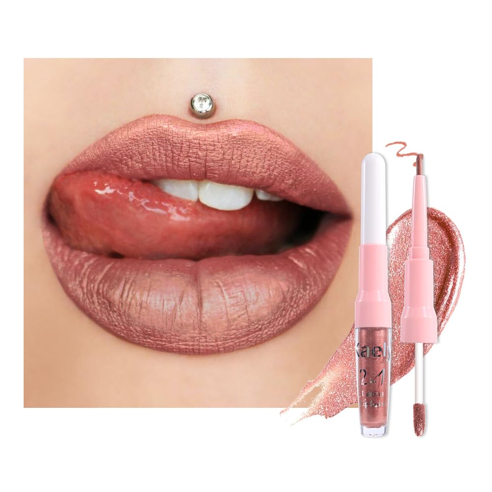 evpct Bronze Gold Metallic Glitter Lip Liner and Lipstick Combo Lip Gloss Stain Set Makeup for