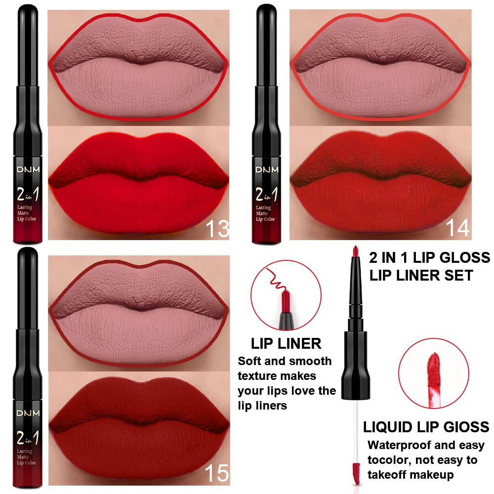 evpct 3Pcs Ruby Bright Dark Red Lip Stain Paint Matte Lip Liner and Liquid Lipstick Set for Women