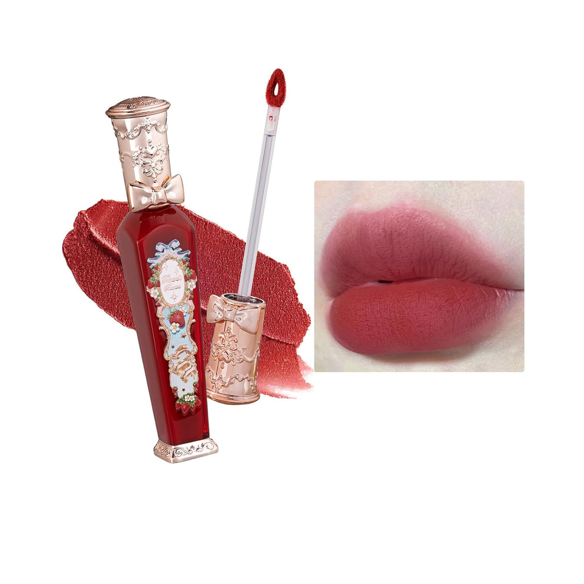 Flower Knows Strawberry Rococo Cloud Lip Cream,Velvety Matte Liquid Lipstick,Red Lipstick,Long