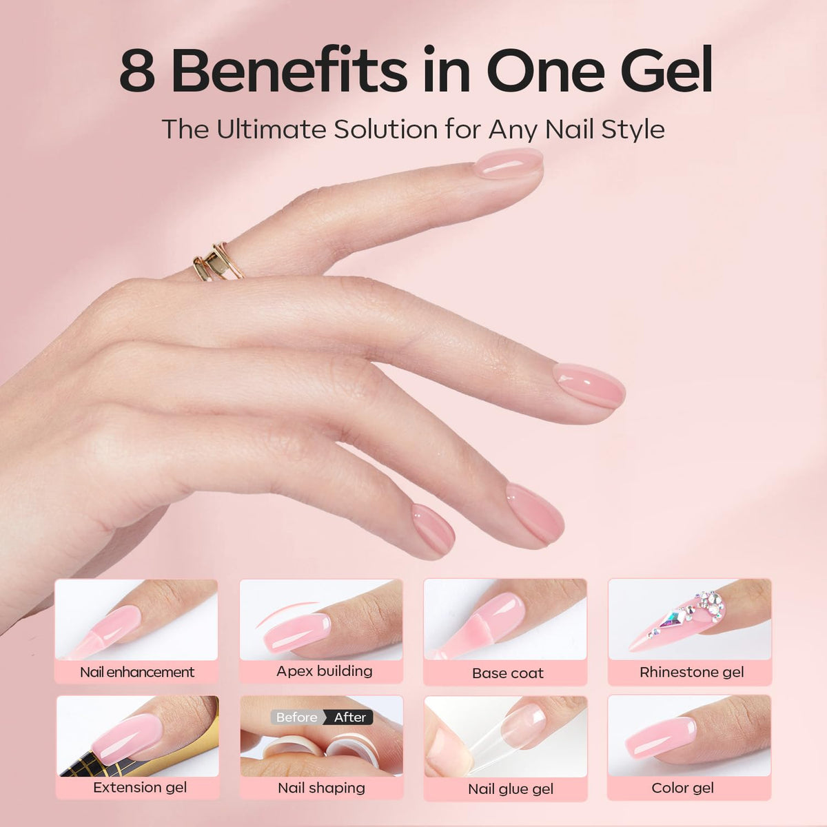 modelones Builder Nail Gel with Gel Top Coat, 8-In-One Nude Pink Builder Acid Free Top Coat for