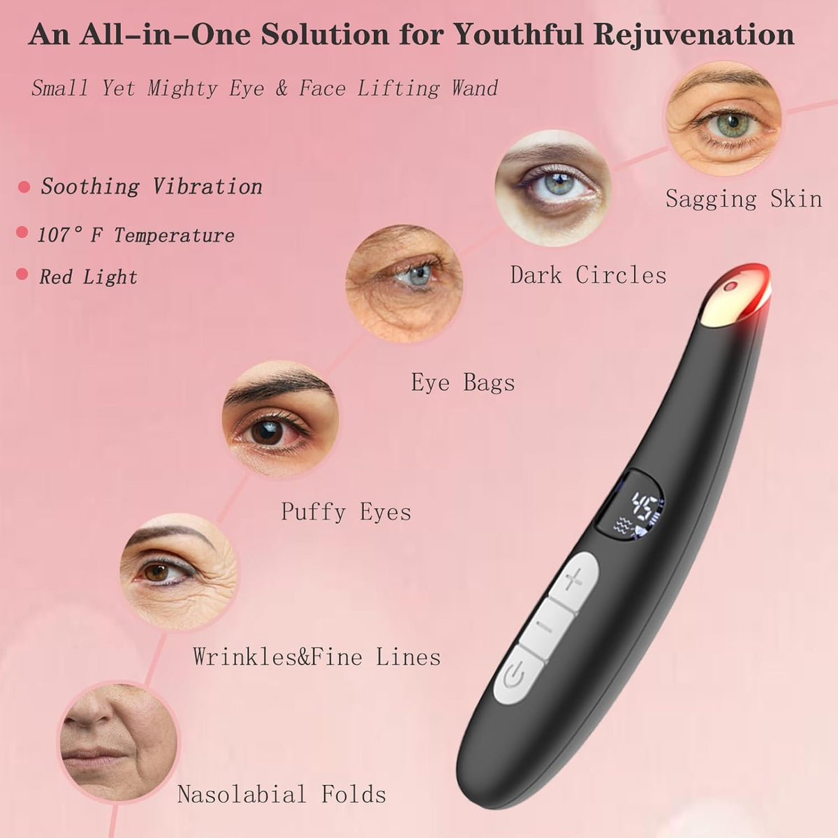 Eye Lift Wand, 3 in 1 Vibrating 98°F to 113°F LCD Eye Massager for Dry Eyes, Dark Circles and