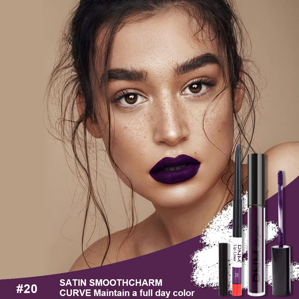 evpct 2Pcs Dark Deep Purple Plum Black Matte lipstick and Lip Liner Pencil Makeup Set for women