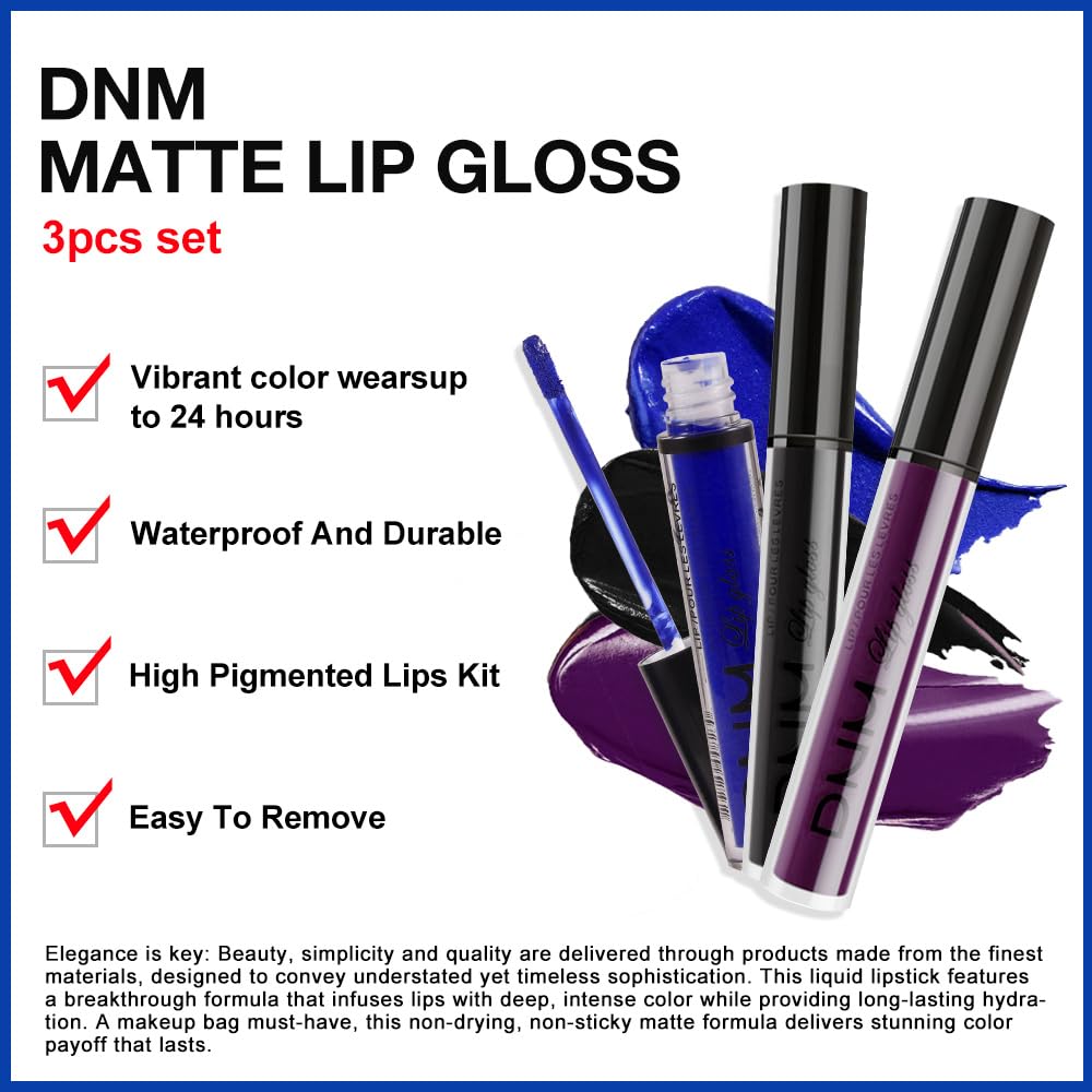 evpct 3Pcs Dark Purple Black Royal Blue Matte Liquid Lipstick Lip Stain Sets for Women