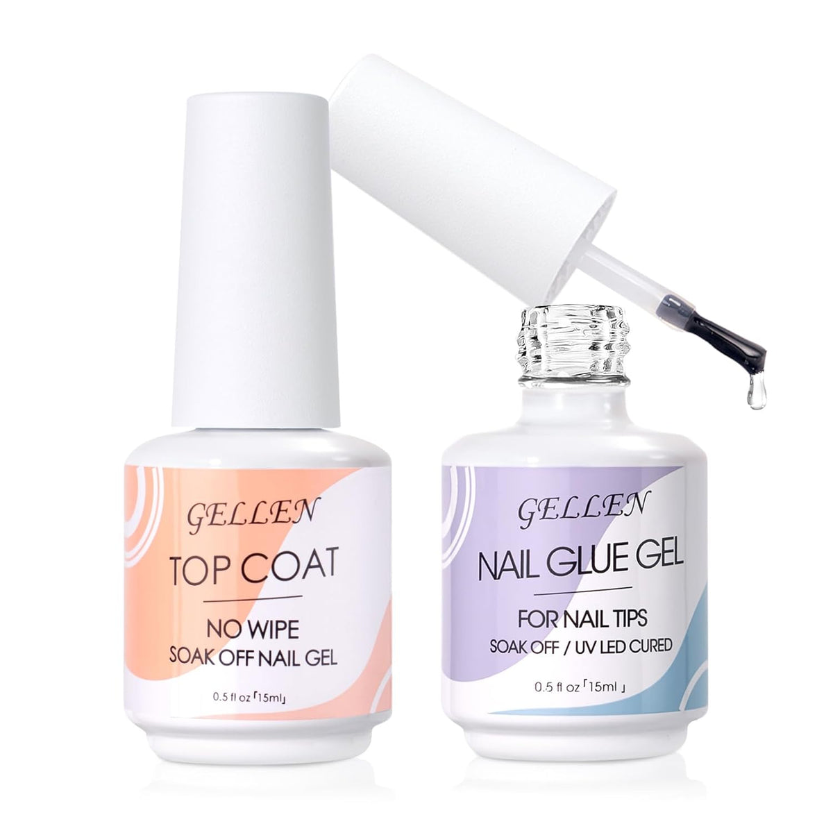 Gellen Nail Glue Gel & No Wipe Top Coat, 5 in 1 UV Nail Glue for Acrylic Nails, High Shiny Top Coat