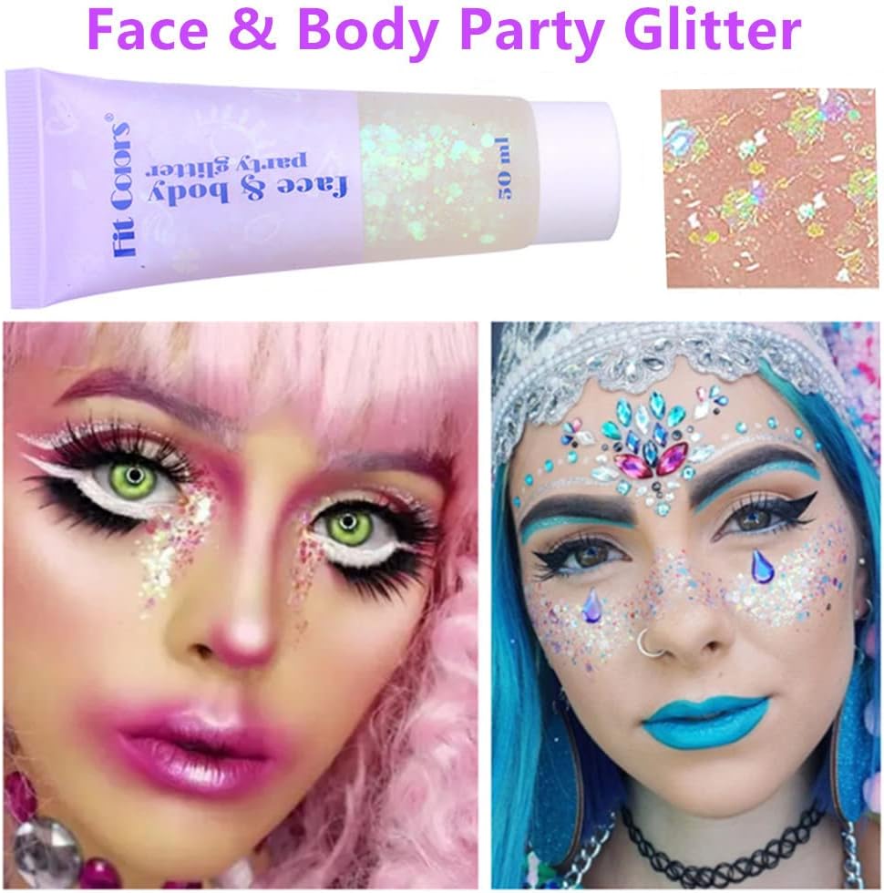 Go Ho Silver and White Body Glitter Set,Singer Concerts Face Glitter Gel Makeup,Holographic Long