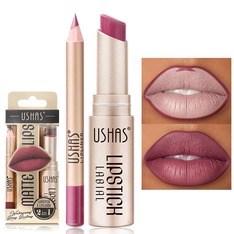 USHAS 2 in 1 Waterproof Lipstick and Lip Liner Combo Set for Women - Long Lasting Matte Pen With