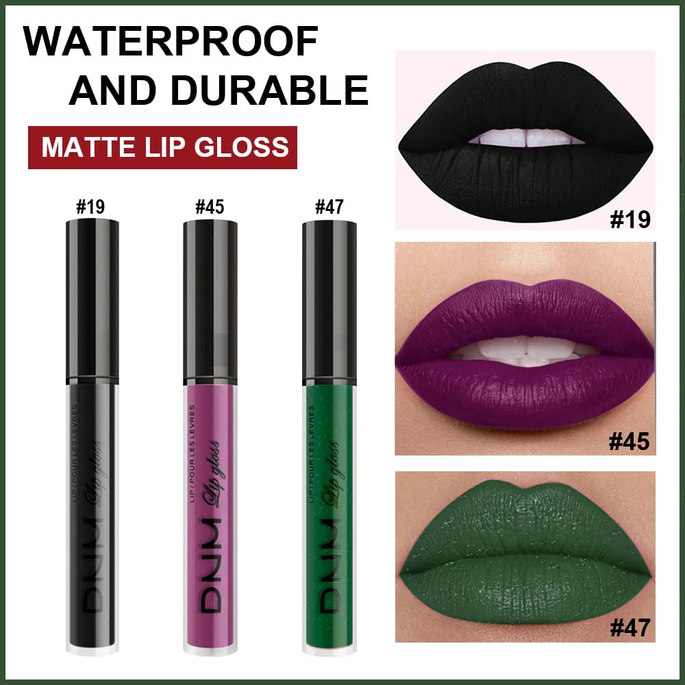 evpct 3Pcs Dark Black Grape Plum purple Emerald Green Matte Liquid Lipstick Lip Stain Sets for