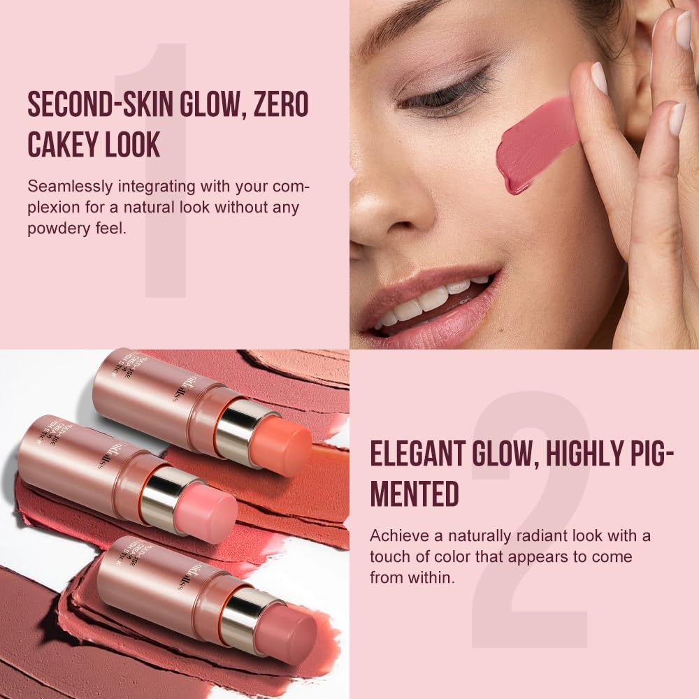 Multi-Use Makeup Cream Blush Stick, Unidollss 3-in-1 Buildable Powder Blush Stick for Cheeks, Eyes